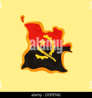 Map of Angola colored with Angolan flag and marked with golden line in grunge vintage style. Stock Vector