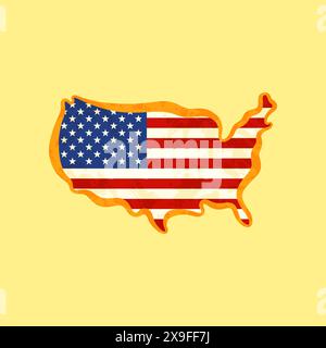 Map of United States colored with US flag and marked with golden line in grunge vintage style. Stock Vector