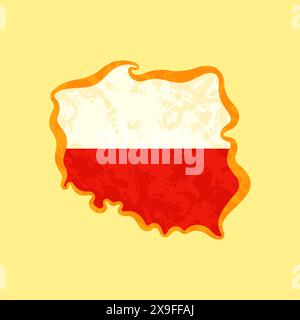 Map of Poland colored with Polish flag and marked with golden line in grunge vintage style. Stock Vector