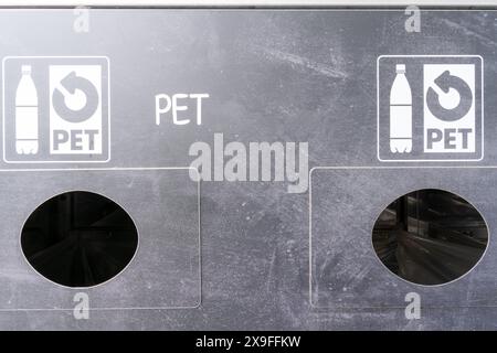 Recycling station for plastic bottles  made from plastic, in this case PET, Polyethylene Terephthalate Stock Photo