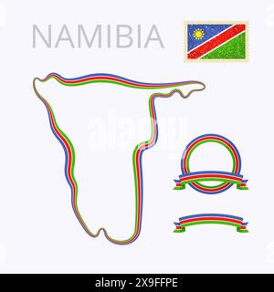 Outline map of Namibia. Border is marked with ribbon in national colors. The package contains frames in national colors and stamp with flag. Stock Vector