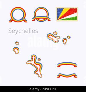 Outline map of Seychelles. Border is marked with ribbon in national colors. The package contains frames in national colors and stamp with flag. Stock Vector