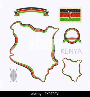 Outline map of Kenya. Border is marked with ribbon in national colors. The package contains frames in national colors and stamp with flag. Stock Vector