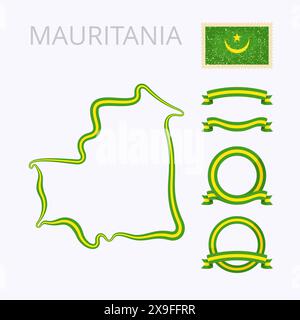 Outline map of Mauritania. Border is marked with ribbon in national colors. The package contains frames in national colors and stamp with flag. Stock Vector