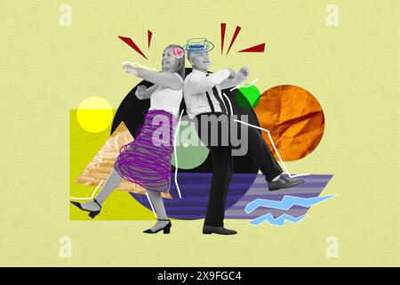 Senior couple dancing near vinyl record on bright background, creative collage. Stylish art design Stock Photo