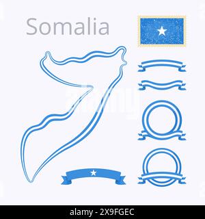 Outline map of Somalia. Border is marked with ribbon in national colors. The package contains frames in national colors and stamp with flag. Stock Vector