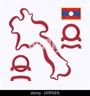 Outline map of Laos. Border is marked with ribbon in national colors. The package contains frames in national colors and stamp with flag. Stock Vector