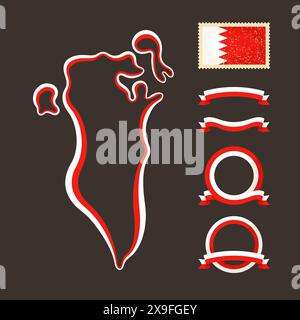 Outline map of Bahrain. Border is marked with ribbon in national colors. The package contains frames in national colors and stamp with flag. Stock Vector