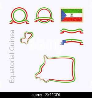 Outline map of Equatorial Guinea. Border is marked with ribbon in national colors. The package contains frames in national colors and stamp with flag. Stock Vector