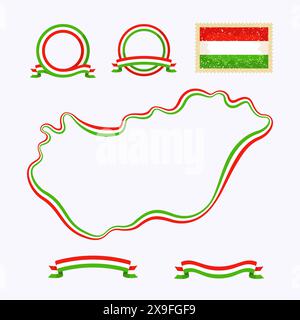 Outline map of Hungary. Border is marked with a ribbon in the national colors. The package contains a stamp with flag and frames. The file is made wit Stock Vector