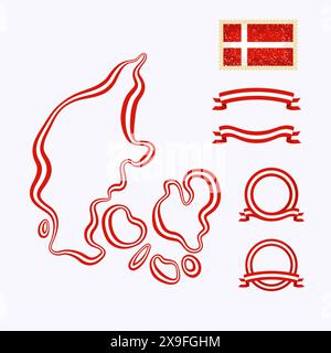 Outline map of Denmark. Border is marked with a ribbon in the national colors. The package contains a stamp with flag and frames. The file is made wit Stock Vector