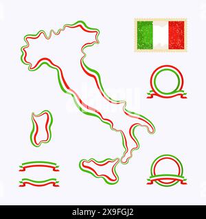 Outline map of Italy. Border is marked with a ribbon in the national colors. The package contains a stamp with flag and frames. The file is made with Stock Vector