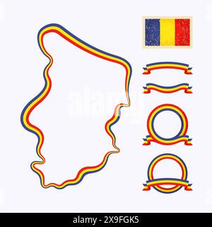 Outline map of Chad. Border is marked with ribbon in national colors. The package contains frames in national colors and stamp with flag. Stock Vector