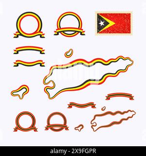 Outline map of East Timor. Border is marked with ribbon in national colors. The package contains frames in national colors and stamp with flag. Stock Vector