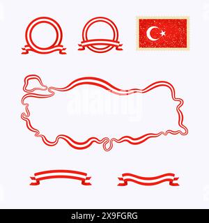 Outline map of Turkey. Border is marked with a ribbon in the national colors. The package contains a stamp with flag and frames. The file is made with Stock Vector