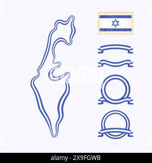 Outline map of Israel. Border is marked with ribbon in national colors. The package contains frames in national colors and stamp with flag. Stock Vector