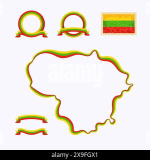 Outline map of Lithuania. Border is marked with a ribbon in the national colors. The package contains a stamp with flag and frames. The file is made w Stock Vector