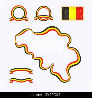 Outline map of Belgium. Border is marked with a ribbon in the national colors. The package contains a stamp with flag and frames. The file is made wit Stock Vector