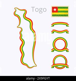 Outline map of Togo. Border is marked with ribbon in national colors. The package contains frames in national colors and stamp with flag. Stock Vector