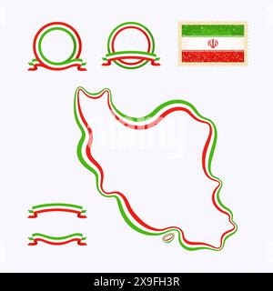Outline map of Iran. Border is marked with ribbon in national colors. The package contains frames in national colors and stamp with flag. Stock Vector