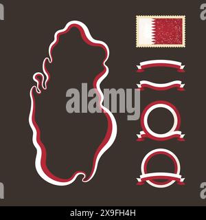 Outline map of Qatar. Border is marked with ribbon in national colors. The package contains frames in national colors and stamp with flag. Stock Vector