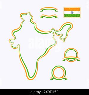 Outline map of India. Border is marked with ribbon in national colors. The package contains frames in national colors and stamp with flag. Stock Vector
