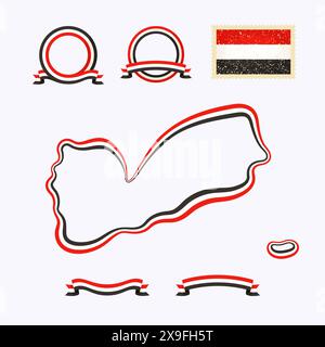 Outline map of Yemen. Border is marked with ribbon in national colors. The package contains frames in national colors and stamp with flag. Stock Vector