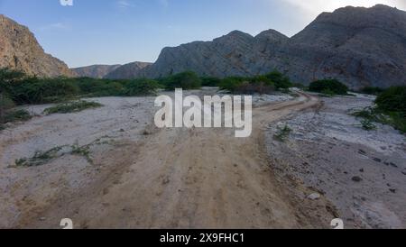 Photography of dried up riverbed with mud and tyre tracks in Oman during spring evening Stock Photo