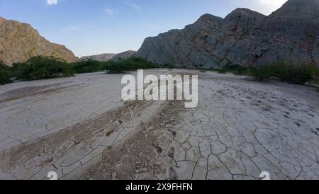 Photography of dried up riverbed with mud and tyre tracks in Oman during spring evening Stock Photo