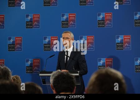 Prague, Czech Republic. 31st May, 2024. Jens Stoltenberg, North Atlantic Treaty Organization (NATO) Secretary General, speaks at a press conference after an informal meeting of NATO foreign ministers in Prague, the Czech Republic, on May 31, 2024. Credit: Lin Hao/Xinhua/Alamy Live News Stock Photo