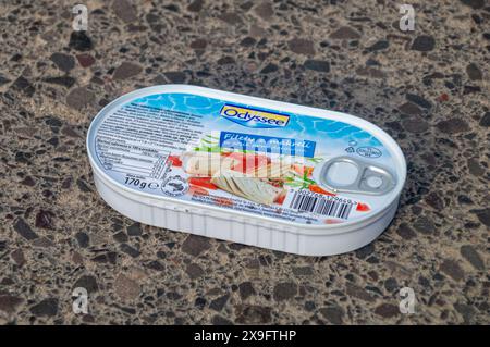 Aleksandrow Lodzki, Poland - April 14, 2024: Odyssee mackerel fillets in tomato sauce. Stock Photo