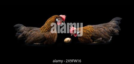 two chickens are sitting near a golden egg and talking on a black background, fairy tale plot Stock Photo