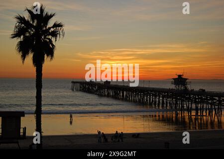 A beautiful and colorful sunset sky is reflected in the shoreline and renders the palm tree and pier at the San Clemente beach into silhouette Stock Photo