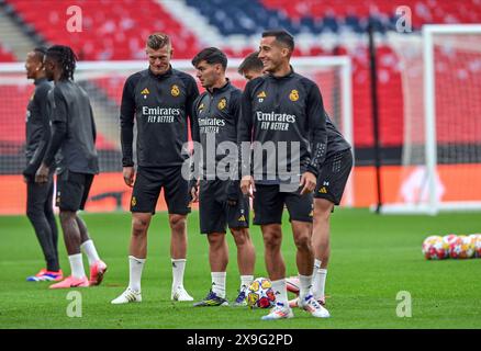 London, UK. 31st May, 2024. Toni Kroos (8) and Brahim Diaz (21) of Real Madrid seen during the last training session before the 2024 UEFA Champions League final between Borussia Dortmund and Real Madrid at Wembley in London. (Photo Credit: Gonzales Photo/Alamy Live News Stock Photo