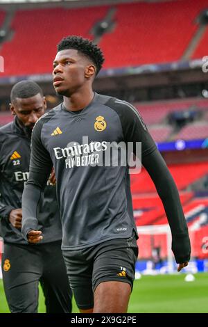 London, UK. 31st May, 2024. Aurelien Tchouameni (18) of Real Madrid seen during the last training session before the 2024 UEFA Champions League final between Borussia Dortmund and Real Madrid at Wembley in London. (Photo Credit: Gonzales Photo/Alamy Live News Stock Photo