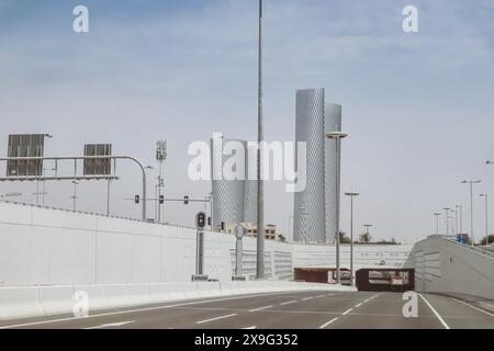 View from the highway to Lusail Plaza Towers, a set of four office towers on the Al Sa'ad Plaza, Commercial Boulevard, Lusail, Qatar Stock Photo