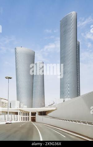 View from the highway to Lusail Plaza Towers, a set of four office towers on the Al Sa'ad Plaza, Commercial Boulevard, Lusail, Qatar Stock Photo