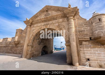 Under the clear sky, there are seagulls perched on the majestic arched stone door. Essaouira, Morocco. Stock Photo