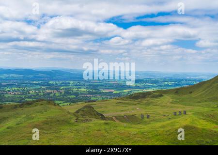 View from the summit of Titterstone Cleea looking over the old mining buidings and countryside of Shropshire, UK towards the Welsh border Stock Photo