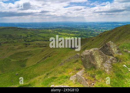 View from the summit of Titterstone Clee looking over the fields and countryside of Shropshire, UK towards the Welsh border Stock Photo