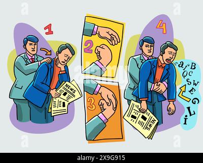 Heimlich maneuver, saving someone choking on food. Help a friend filter the news flow. Abundance of content and media overload. Content moderation and Stock Vector