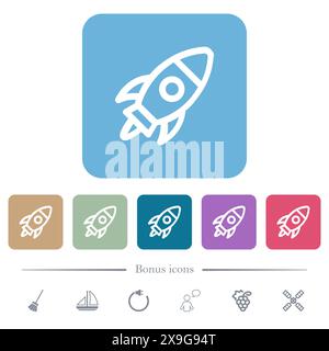 Launched rocket outline white flat icons on color rounded square backgrounds. 6 bonus icons included Stock Vector