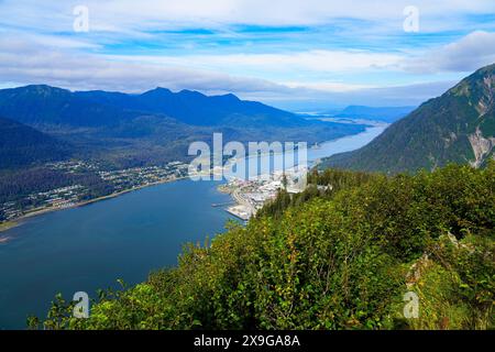 Aerial view of the historic city center of Juneau, the capital city of Alaska, USA, from the top of Gastineau Peak accessible with the Goldbelt Tram c Stock Photo