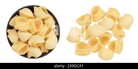 lumaconi pasta in ceramic bowl isolated on white background with full depth of field. Top view. Flat lay Stock Photo