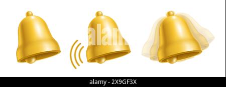 Vector set of three yellow bells showing various stages of ringing, from still to high motion, isolated on a white background. Stock Vector
