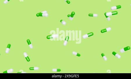 Green white capsules fall against green backdrop. Drugs, pills, tablets, medicine concept. 3d render illustration Stock Photo