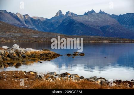 Mountains and lanscape in the bay of Nanortalik (Place of Polar Bears), Kujalleq Municipality, southern Greenland, Polar Regions Stock Photo