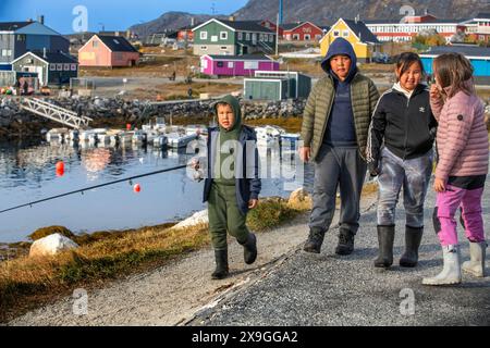 Local people children in Nanortalik (Place of Polar Bears), Kujalleq Municipality, southern Greenland, Polar Regions Stock Photo