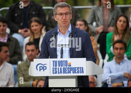 Gijón, Spain, May 31, 2024: The President of the Popular Party, Alberto Núñez Feijoo addresses the public during the Popular Party Campaign Rally for the European Elections 2024, on May 31, 2024, in Gijón, Spain. Credit: Alberto Brevers / Alamy Live News. Stock Photo