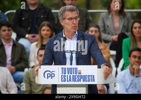 Gijón, Spain, May 31, 2024: The President of the Popular Party, Alberto Núñez Feijoo addresses the public during the Popular Party Campaign Rally for the European Elections 2024, on May 31, 2024, in Gijón, Spain. Credit: Alberto Brevers / Alamy Live News. Stock Photo